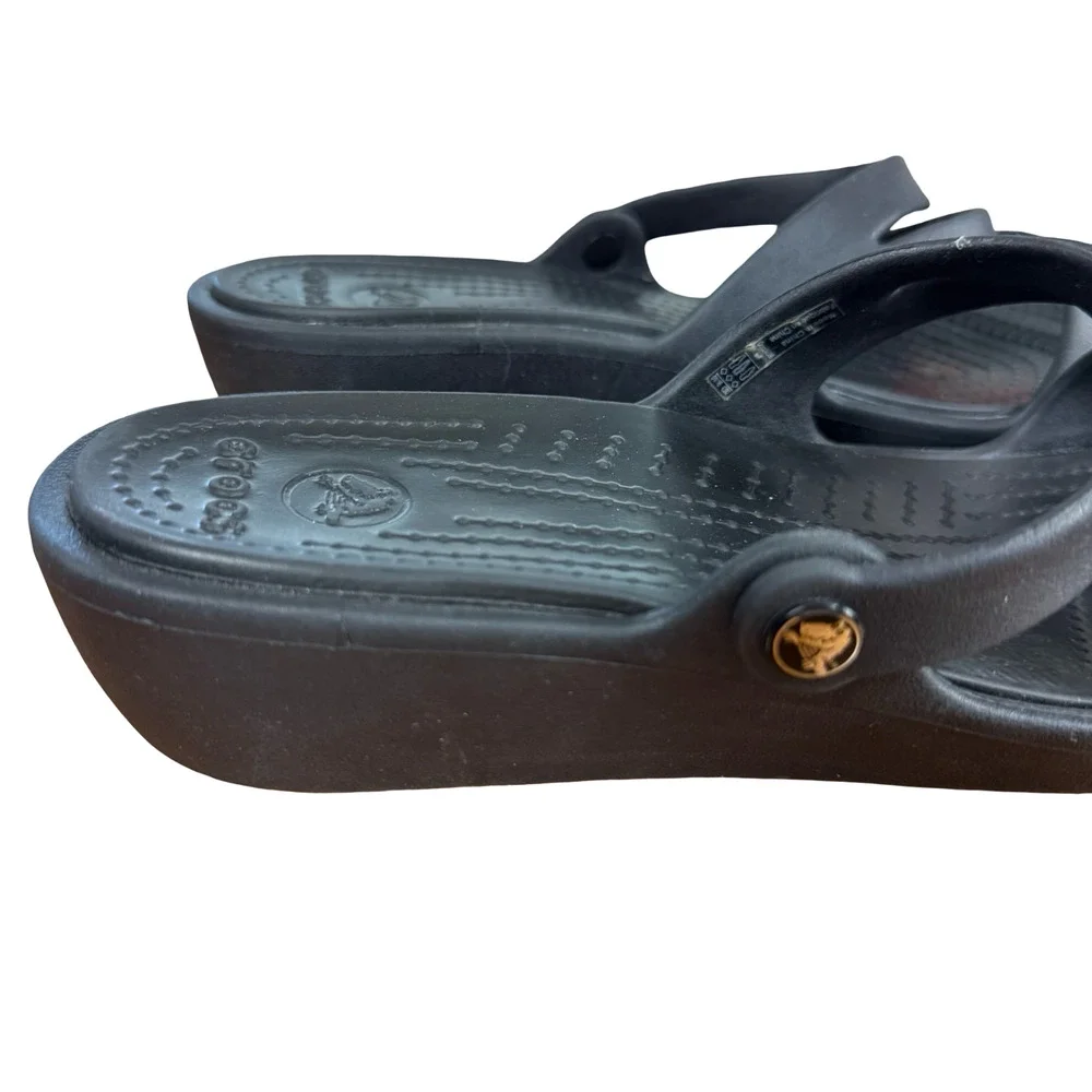 Crocs Patricia Wedge Sandals Black Slip On Slides Strappy Open Toe Shoes sz 8